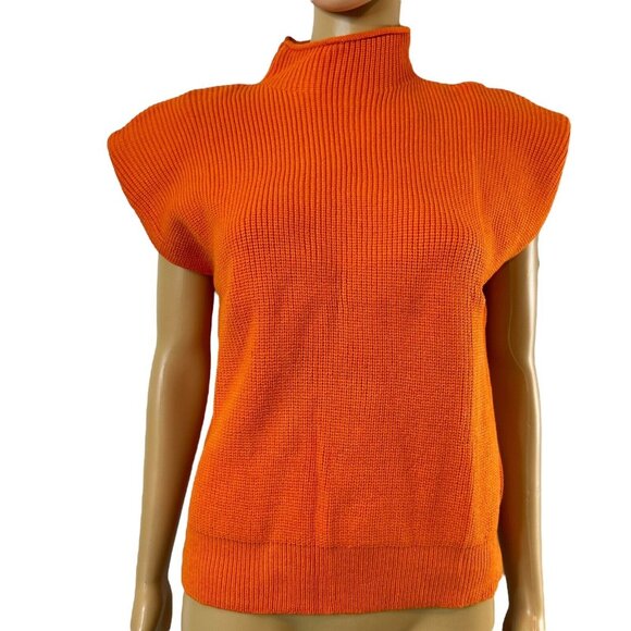 Women Sweater Shoulder Pad Knit Vest Medium Orange High Neck Cotton Top Knit - Picture 3 of 16